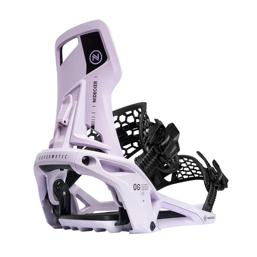 Back view of a white snowboard binding with black straps and accents and a Nidecker logo against a white background. 