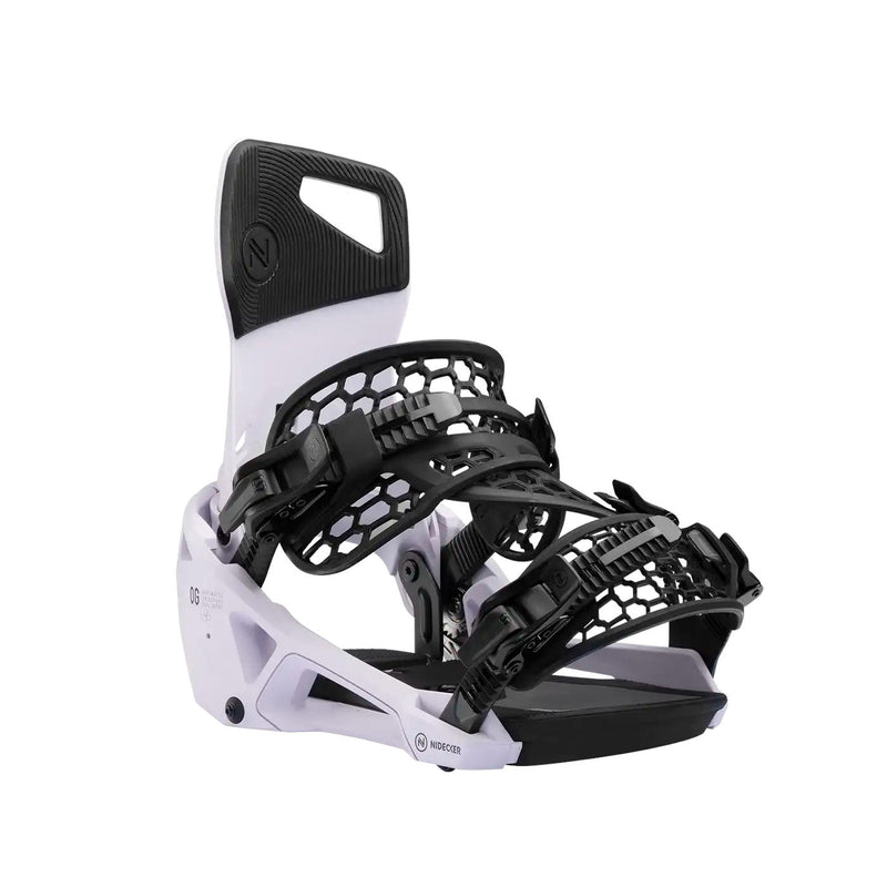 White snowboard binding with black straps and accents against a white background. 