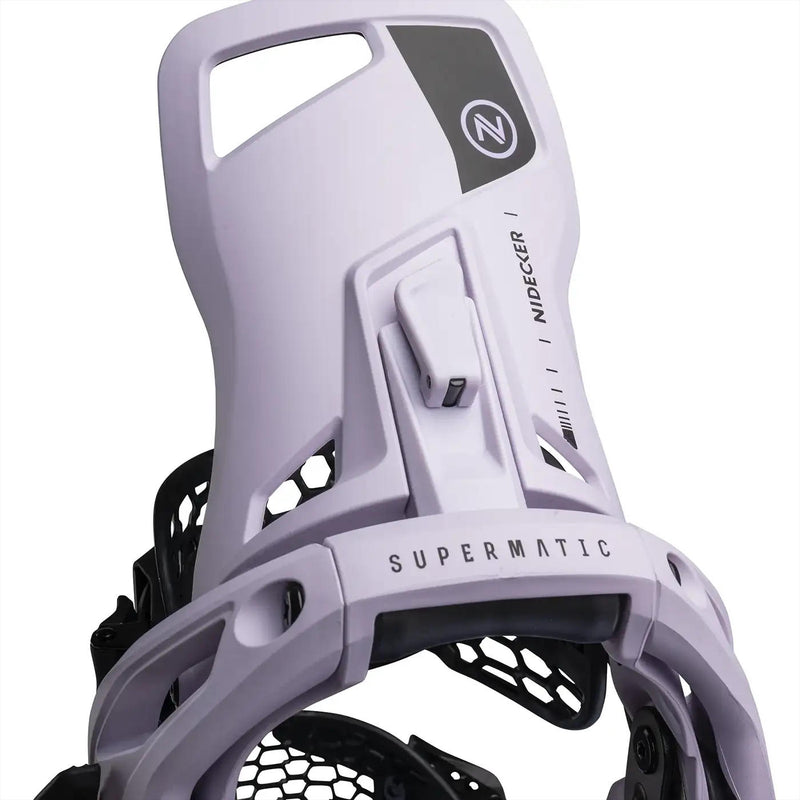Close up back view of a white snowboard binding with black straps and accents and a Nidecker logo against a white background. 