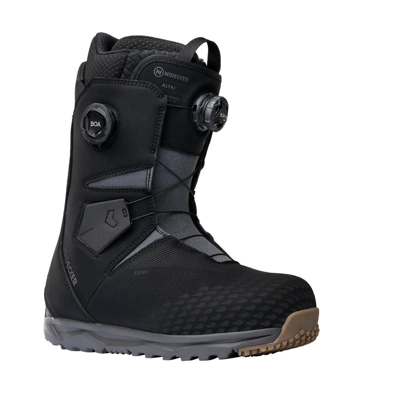 Black snow boots with a Nidecker logo against a white background. 