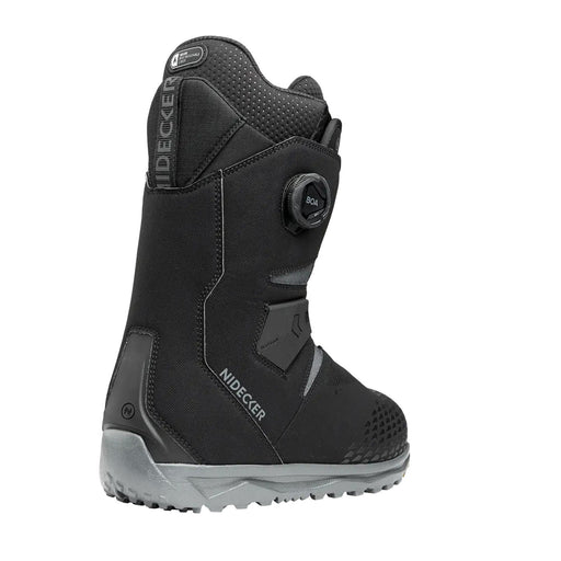 Back view of a black snow boot with a Nidecker logo against a white background. 