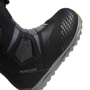 Side view of a black snow boot with a Nidecker logo against a white background. 