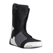 Black snow boot with white bottom against a white background. 