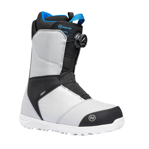 Side view of a gray snow boot with black and blue accents against a white background. 