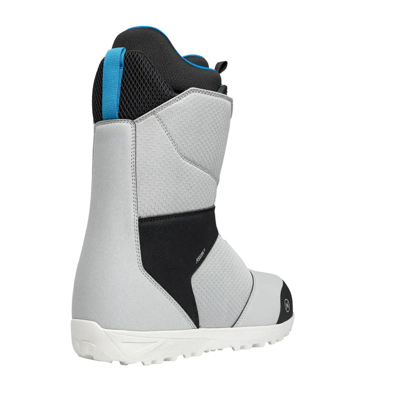 Back view of a gray snow boot with black accents against a white background.