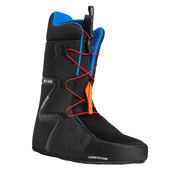 Black snow boot with red and blue accents against a white background. 