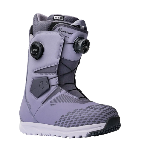 Side view of a purple and white snow boot against a white background. 