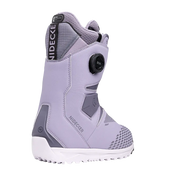 Back view of a purple and white snow boot against a a white background. 