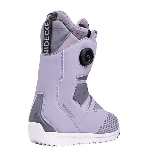 Back view of a purple and white snow boot against a a white background. 