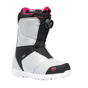 Gray snow boot with black and pink accents against a white background. 