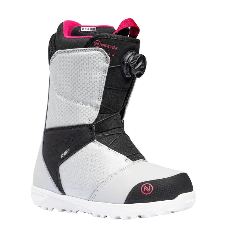 Gray snow boot with black and pink accents against a white background. 