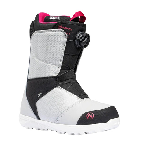 Gray snow boot with black and pink accents against a white background. 