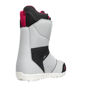 Back view of a gray snow boot with pink accents against a white background. 