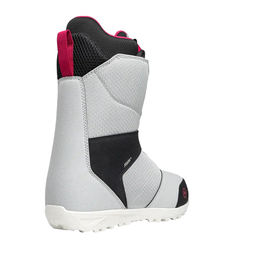Back view of a gray snow boot with pink accents against a white background. 