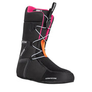 Black snow boot with pink and white accents against a white background. 