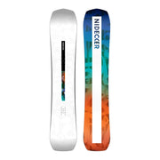 Top and bottom view of a white snowboard with orange and blue accents against a white background. 