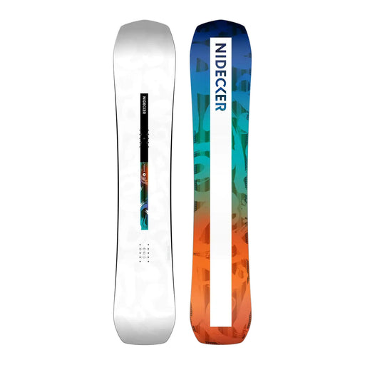Top and bottom view of a white snowboard with orange and blue accents against a white background. 