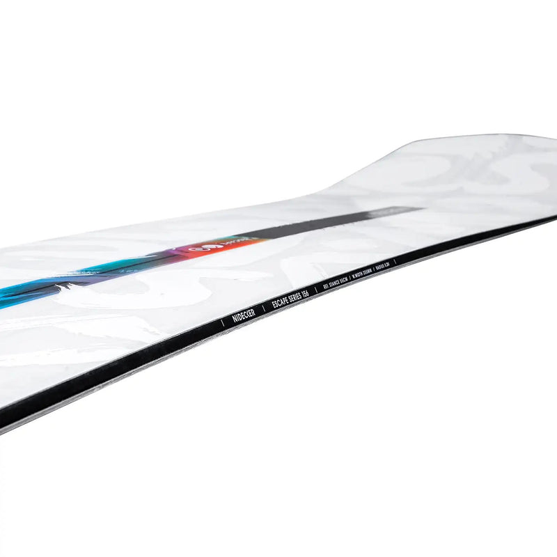 Side view of a white snowboard with a black stripe going down the side of it with a Nidecker logo on it against a white background. 