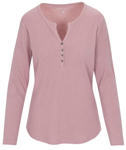 Pink long sleeve waffle henley shirt against a white background. 