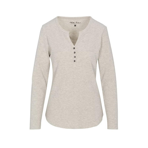 White long sleeve waffle henley shirt against a white background. 