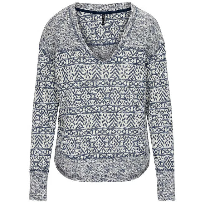 Patterned indigo long-sleeve shirt on a white background