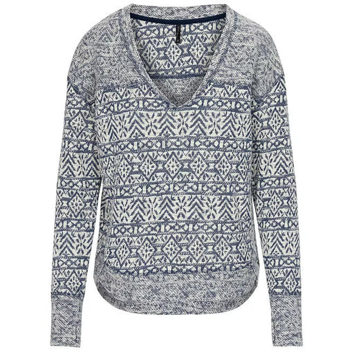 Patterned indigo long-sleeve shirt on a white background