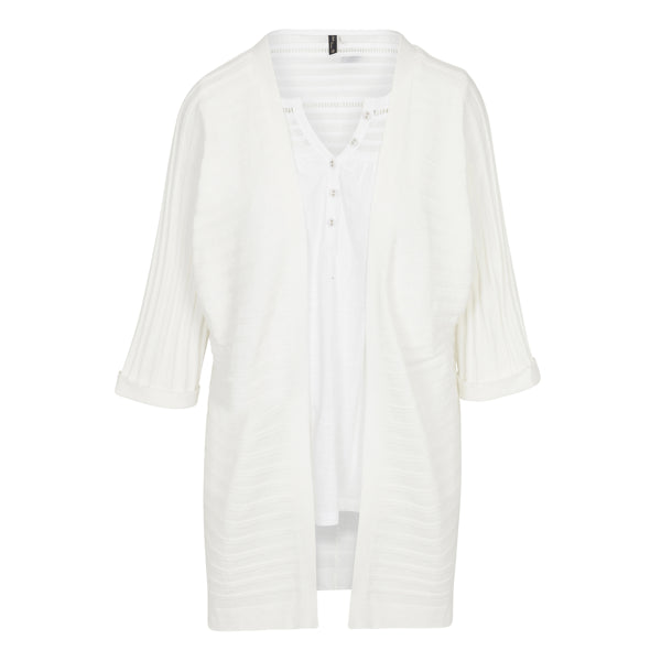 White textured cardigan with a subtle pattern on a white background