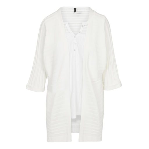 White textured cardigan with a subtle pattern on a white background