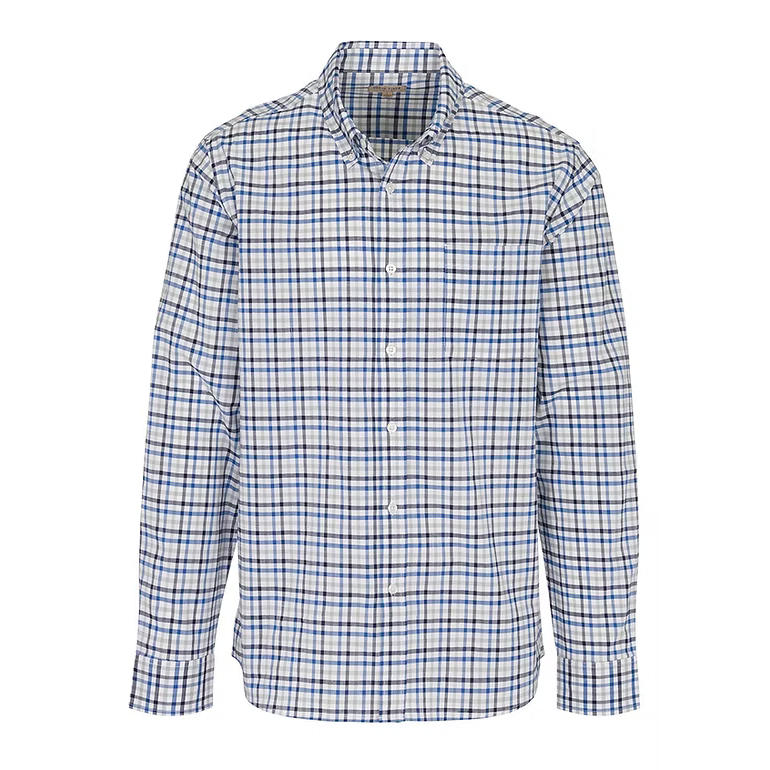 Blue and grey plaid shirt on a white background
