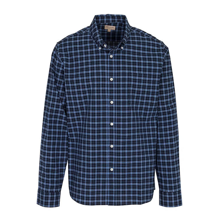 Salute blue flannel button down shirt against a white background.