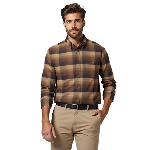 Man wearing a plaid shirt and beige pants on a gray background