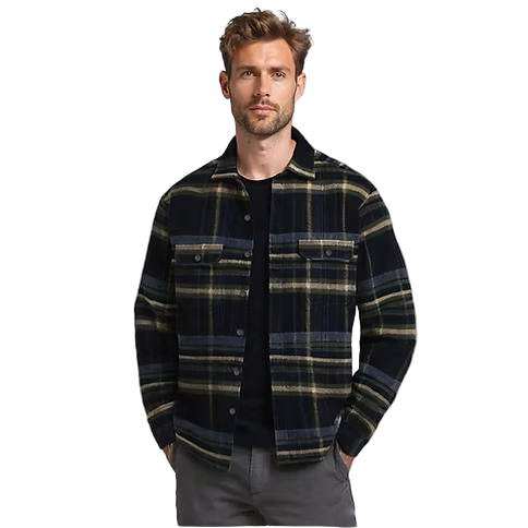 Man wearing a plaid shirt over a black t-shirt on a gray background