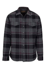 Plaid shirt with black and gray pattern on a white background