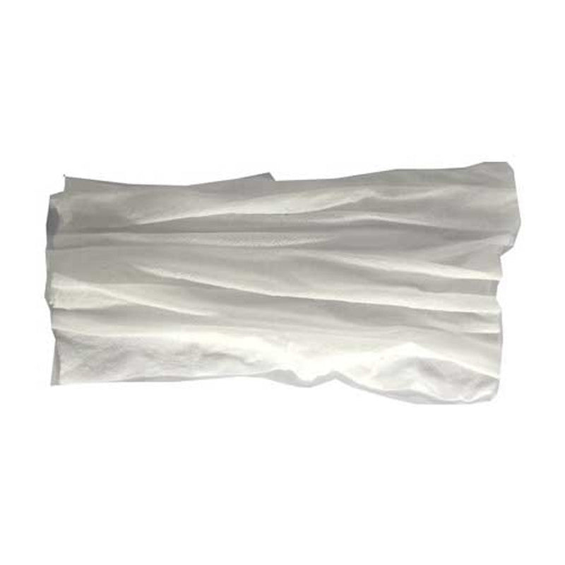 A stack of white, textured paper towels or wipes, photographed against a solid white background.