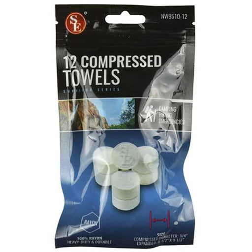Package of 12 compressed towels for camping, hiking, or emergency use.
