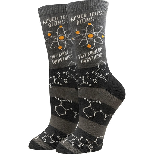 Gray socks with molecular structures and text on a white background