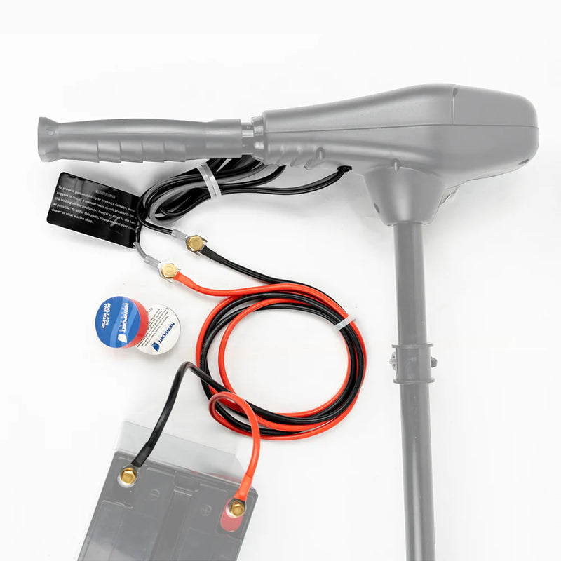 A red and black cable next to an extension handle and a battery pack on a white background.