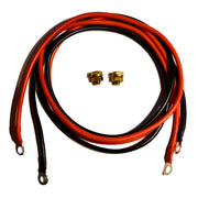 A black and red cable coiled together with the appropriate hardware in the center on a white background.