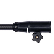 Close up of a tiller extension handle fit with appropriate hardware on a white background.