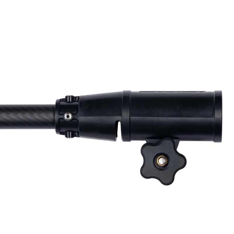 Close up view of the collar on a tiller extension handle, showing the adjustment knob that secures it to the tiller handle.