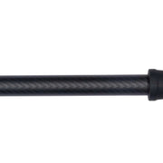 A close-up of a black carbon fiber rod or pole section with a textured weave pattern and a black end cap, shown against a plain white background.
