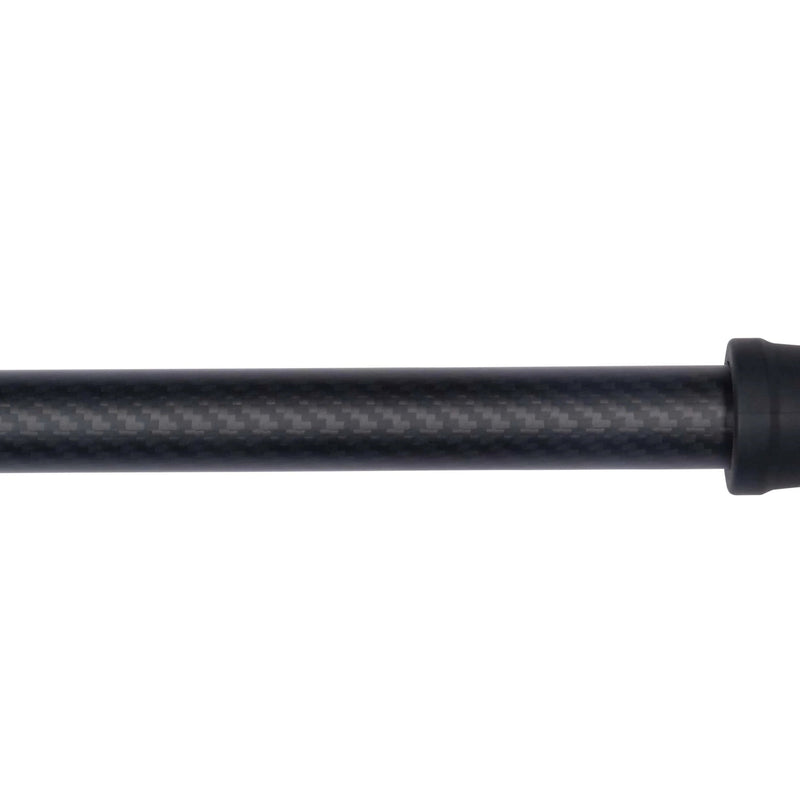 A close-up of a black carbon fiber rod or pole section with a textured weave pattern and a black end cap, shown against a plain white background.