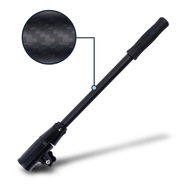 Tiller extension handle on an infographic showcasing it's material on a white background.