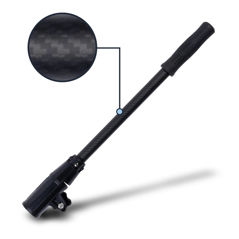 Black tiller handle extender with carbon fiber texture on a white background