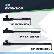 Three tiller handle extenders with different extensions labeled on a white background.