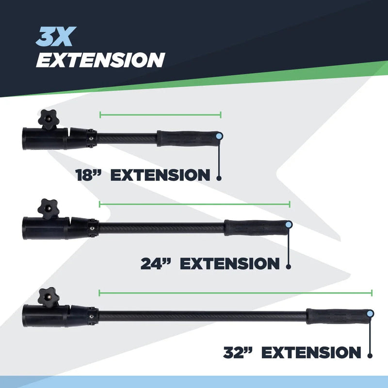 Three tiller handle extenders with different extensions labeled on a white background.