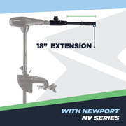 The 18" extension handle for a Newport motor tiller shown mounted to the motor handle on a white background