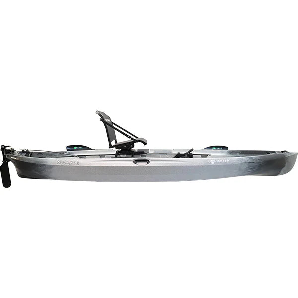 Side view of a white kayak with black accents and a rudder system attached on a white background.