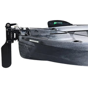 A rudder system attached to the back of a dark blue boat on a white background.