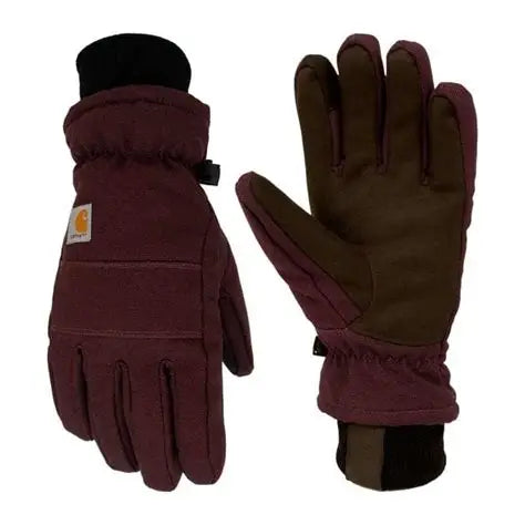 Pair of maroon gloves with a visible brand logo on a white background